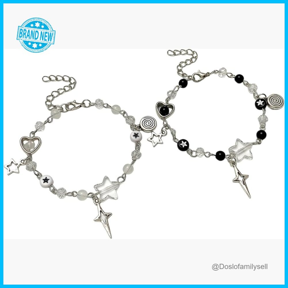 Y2K Punk Hollowed Out Pentagram Beaded Bracelet Handmade Guitar Star Pendant